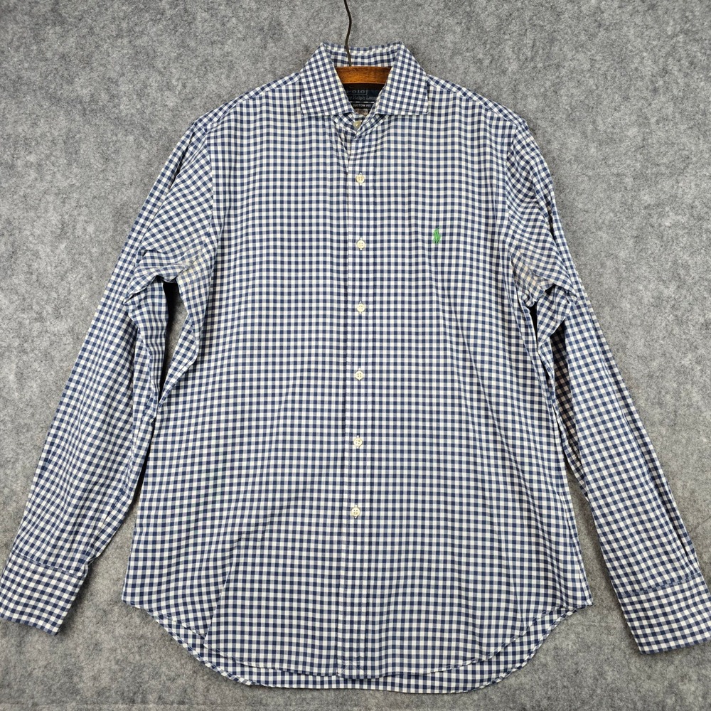 Polo Ralph Lauren Men Gingham Shirt Navy Blue White Custom Fit 15.5 34/35 Cotton - Picture 2 of 9